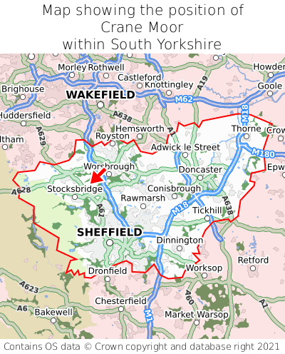 Map showing location of Crane Moor within South Yorkshire
