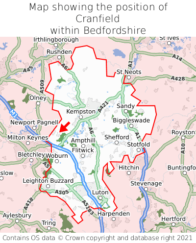Map showing location of Cranfield within Bedfordshire