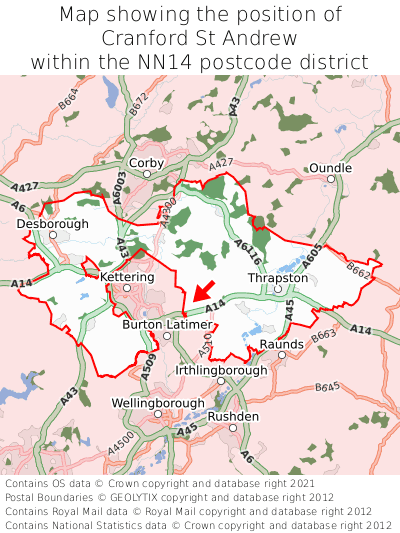 Map showing location of Cranford St Andrew within NN14