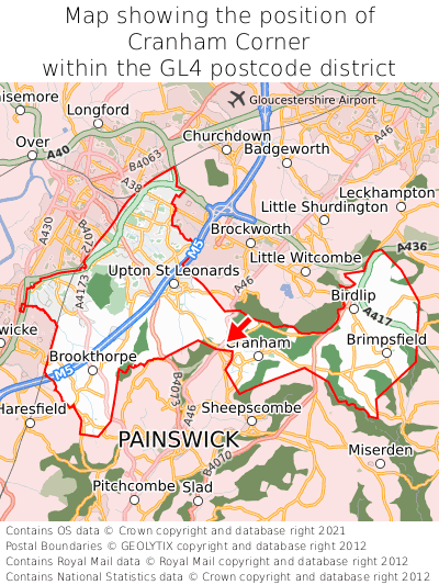 Map showing location of Cranham Corner within GL4