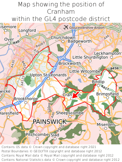 Map showing location of Cranham within GL4