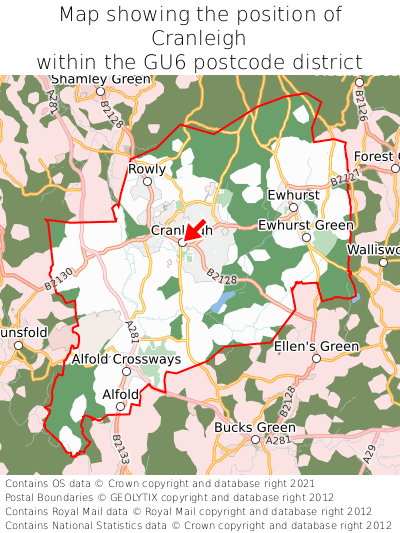 Map showing location of Cranleigh within GU6