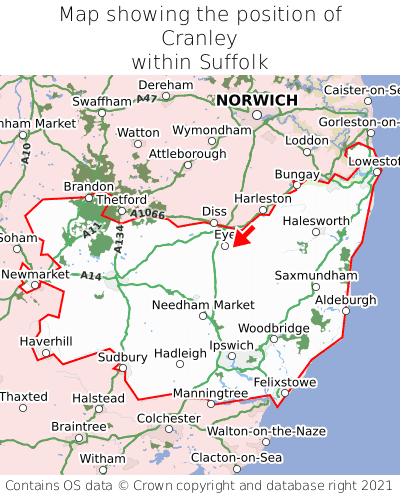 Map showing location of Cranley within Suffolk