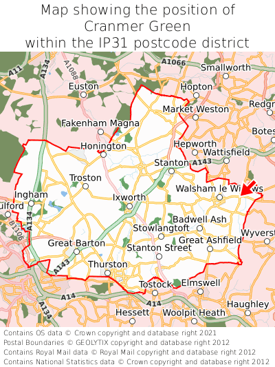 Map showing location of Cranmer Green within IP31