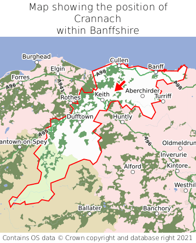 Map showing location of Crannach within Banffshire
