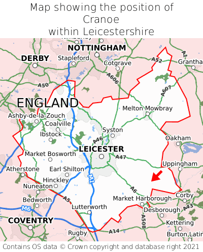 Map showing location of Cranoe within Leicestershire