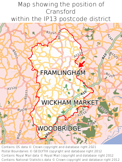 Map showing location of Cransford within IP13