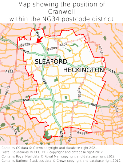 Map showing location of Cranwell within NG34