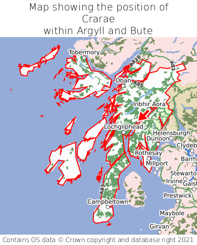 Map showing location of Crarae within Argyll and Bute