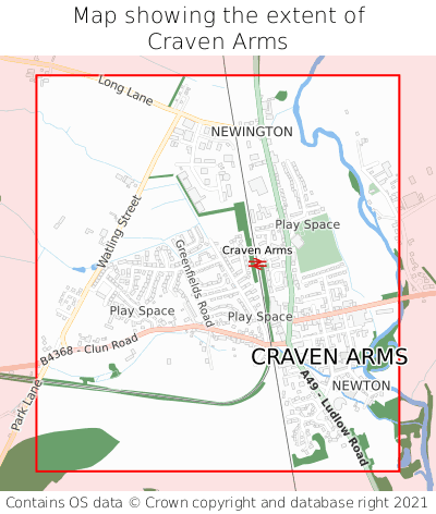 Map showing extent of Craven Arms as bounding box