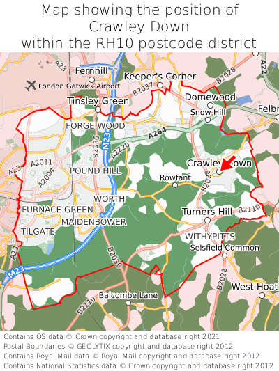 Map showing location of Crawley Down within RH10