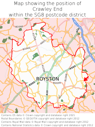 Map showing location of Crawley End within SG8