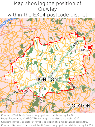 Map showing location of Crawley within EX14