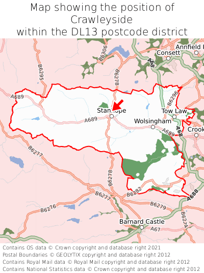 Map showing location of Crawleyside within DL13