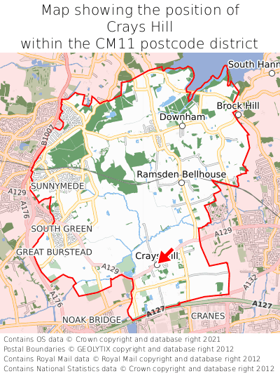 Map showing location of Crays Hill within CM11