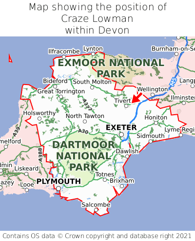 Map showing location of Craze Lowman within Devon