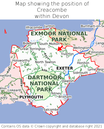 Map showing location of Creacombe within Devon