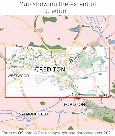 Map showing extent of Crediton as bounding box