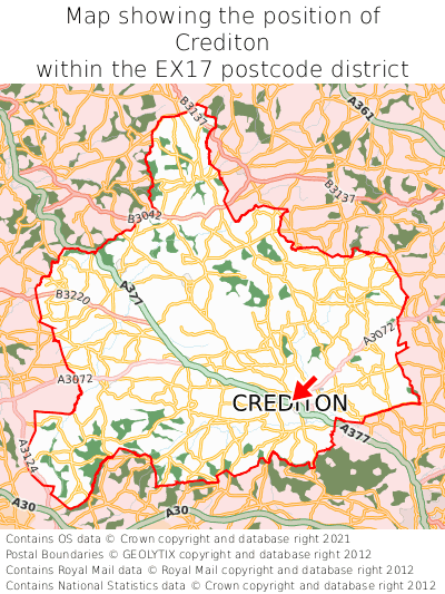 Map showing location of Crediton within EX17