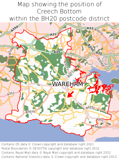 Map showing location of Creech Bottom within BH20