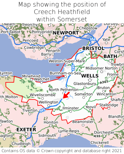 Map showing location of Creech Heathfield within Somerset