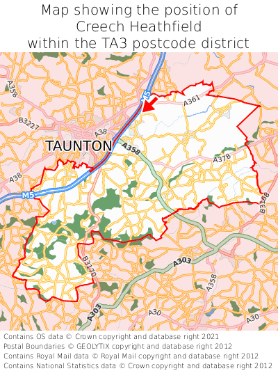 Map showing location of Creech Heathfield within TA3