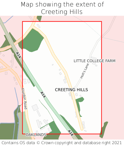 Map showing extent of Creeting Hills as bounding box