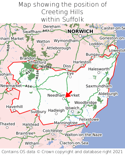 Map showing location of Creeting Hills within Suffolk