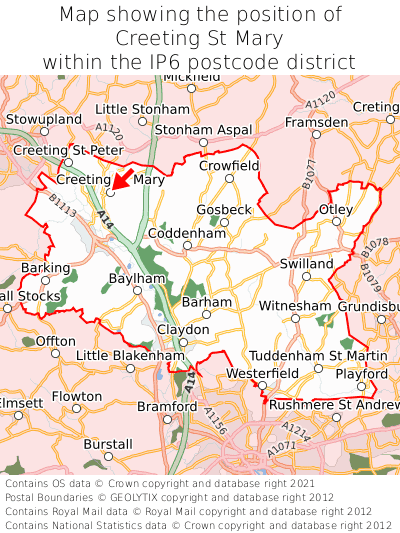 Map showing location of Creeting St Mary within IP6