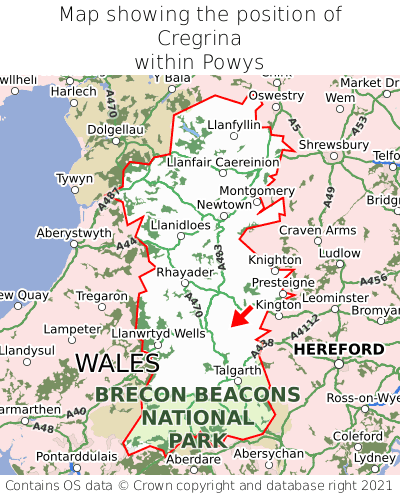 Map showing location of Cregrina within Powys
