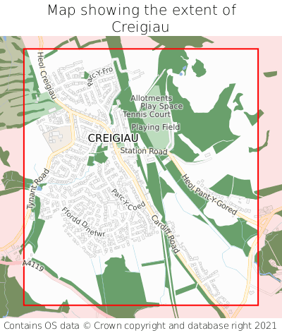 Map showing extent of Creigiau as bounding box