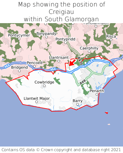 Map showing location of Creigiau within South Glamorgan