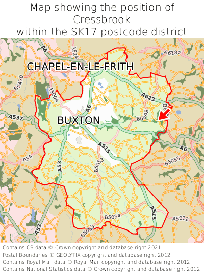 Map showing location of Cressbrook within SK17