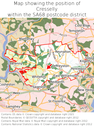 Map showing location of Cresselly within SA68