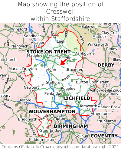 Map showing location of Cresswell within Staffordshire