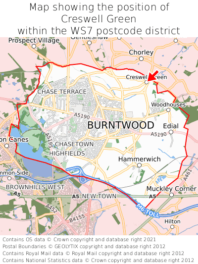 Map showing location of Creswell Green within WS7