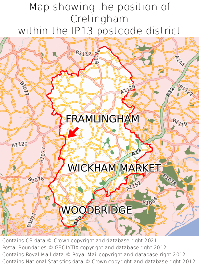 Map showing location of Cretingham within IP13