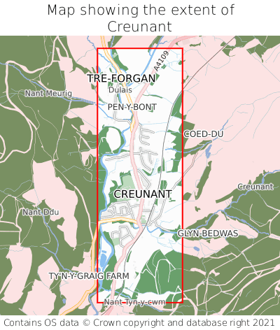 Map showing extent of Creunant as bounding box