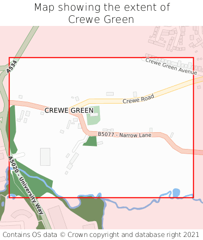 Map showing extent of Crewe Green as bounding box