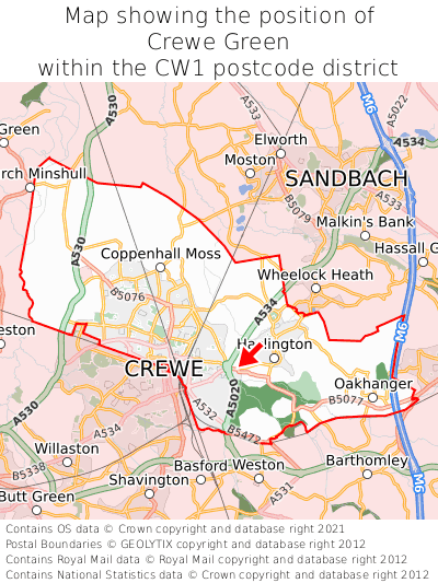 Map showing location of Crewe Green within CW1