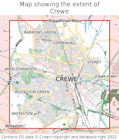 Map showing extent of Crewe as bounding box