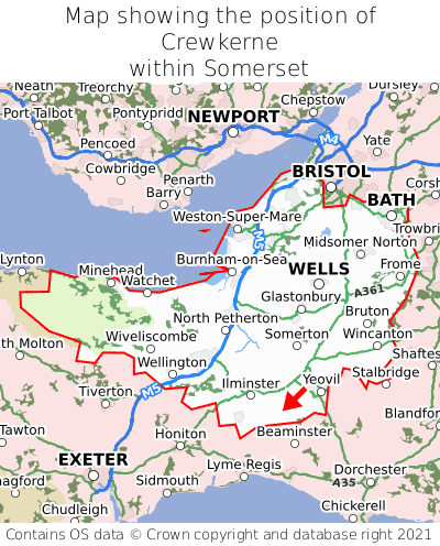 Map showing location of Crewkerne within Somerset