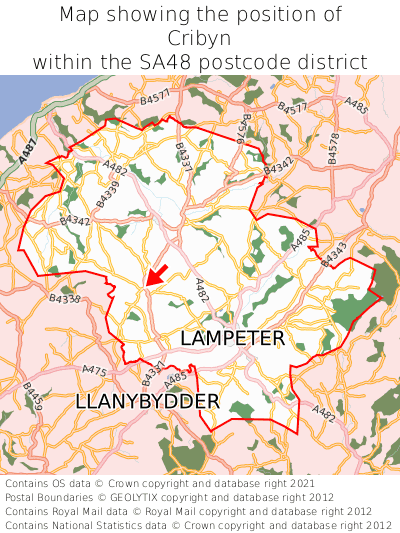 Map showing location of Cribyn within SA48