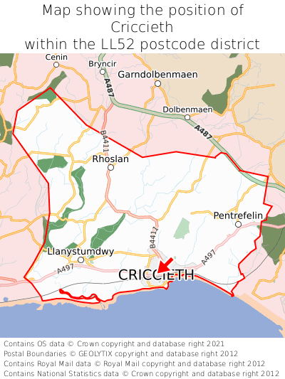 Map showing location of Criccieth within LL52