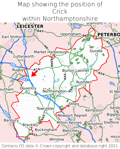 Map showing location of Crick within Northamptonshire