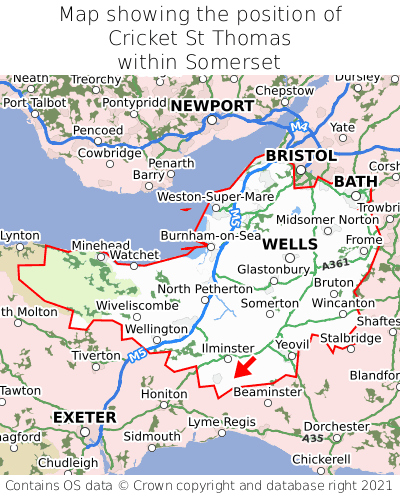 Map showing location of Cricket St Thomas within Somerset