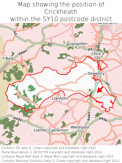 Map showing location of Crickheath within SY10