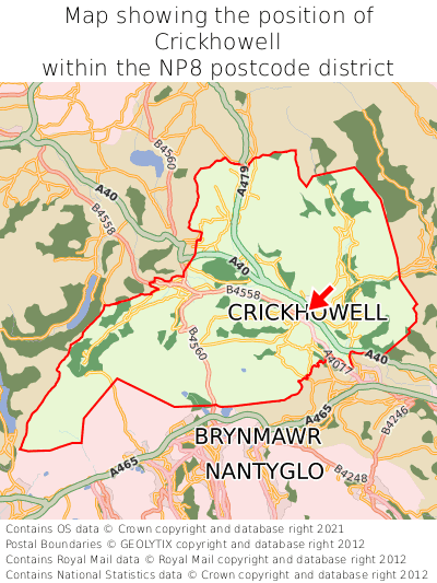 Map showing location of Crickhowell within NP8