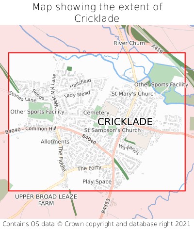 Map showing extent of Cricklade as bounding box