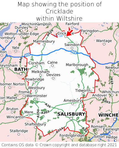 Map showing location of Cricklade within Wiltshire